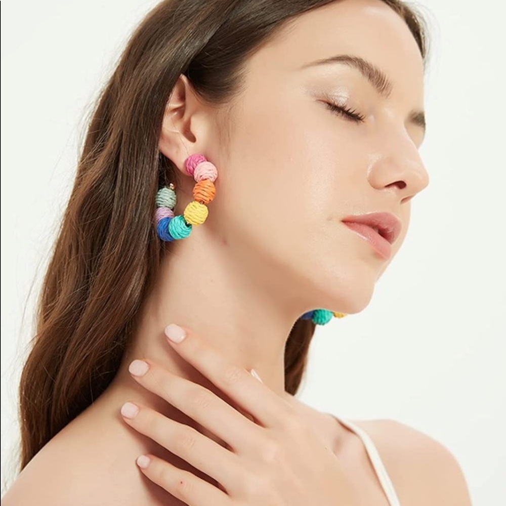Beaches R Mah Jam⛵️🌴🌺Bohemian Boho Handmade Raffia Rainbow Statement Ear… - Picture 8 of 10